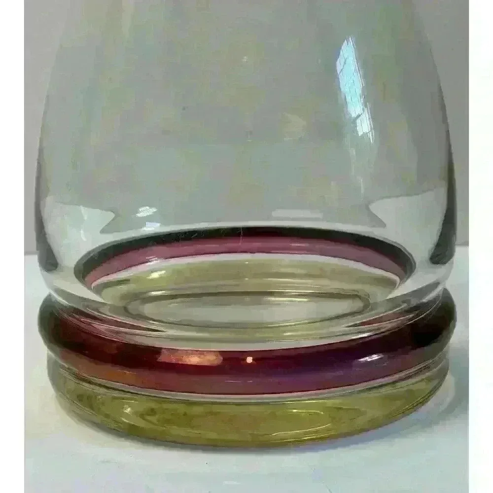 Vintage Glass decanter with cranberry and yellow colored bands on base Beautiful